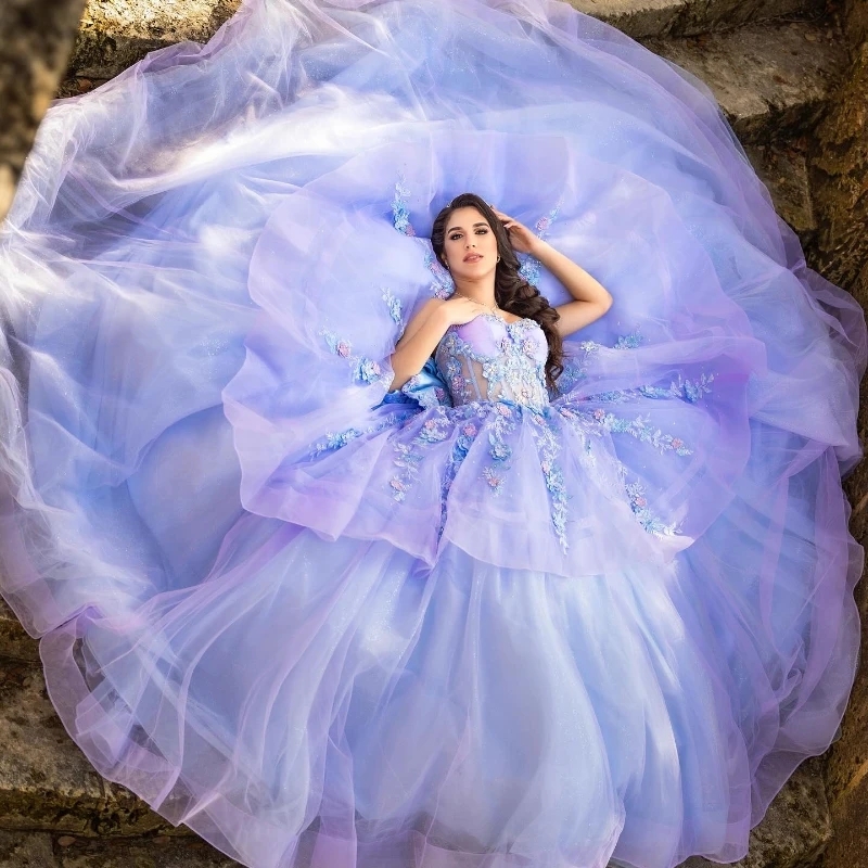 Lilac Sky Blue Princess Ball Gown Quinceanera Dresses Off The Shoulder Applique Lace Beads Tull Corset Sweet 16 Dress Vestido De 15 Anos
