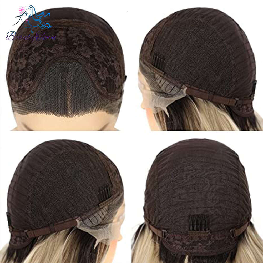Blonde 13X3 Synthetic Lace Front Short Wavy Ombre Brown Highlight Color For Black Women Daily Use Cosplay Wig
