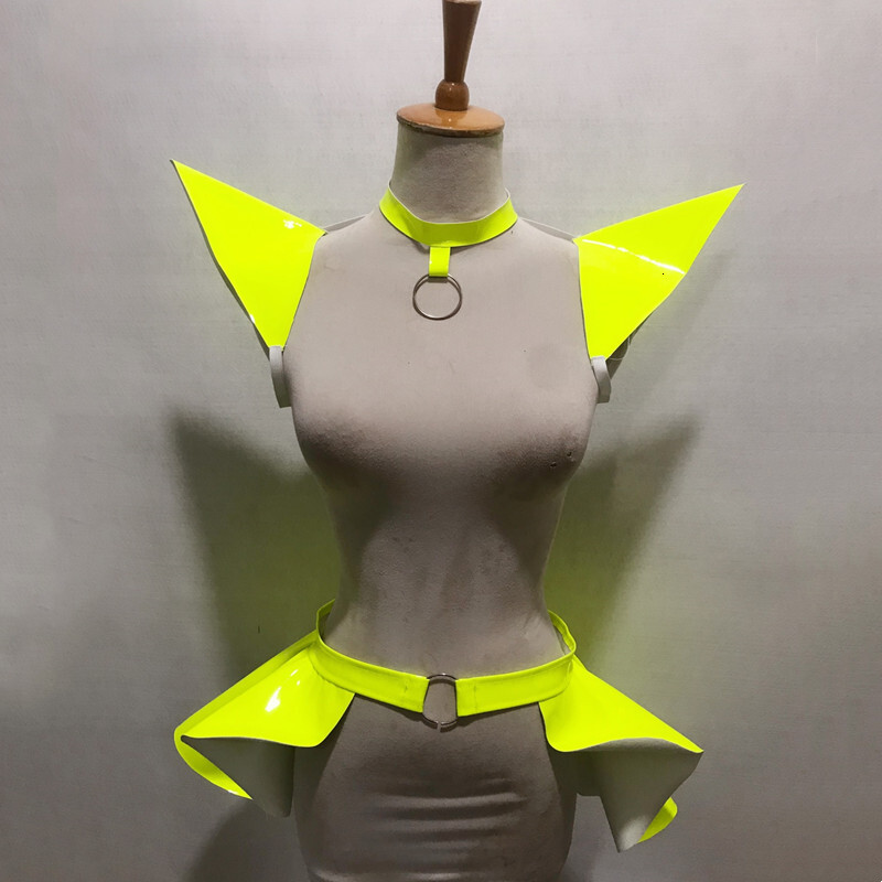Fluorescence Yellow Laser Flying Shoulder Pads Skirt Women Performance Jazz Dance Clothing Bar Nightclub DJ G Dancer Costume
