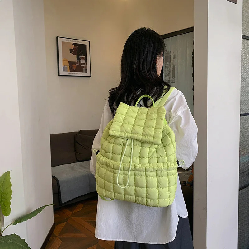 Korean Style Simple Trendy Lightweight Down Puff Backpack Large Capacity Communicating Fluffy Checked 240912