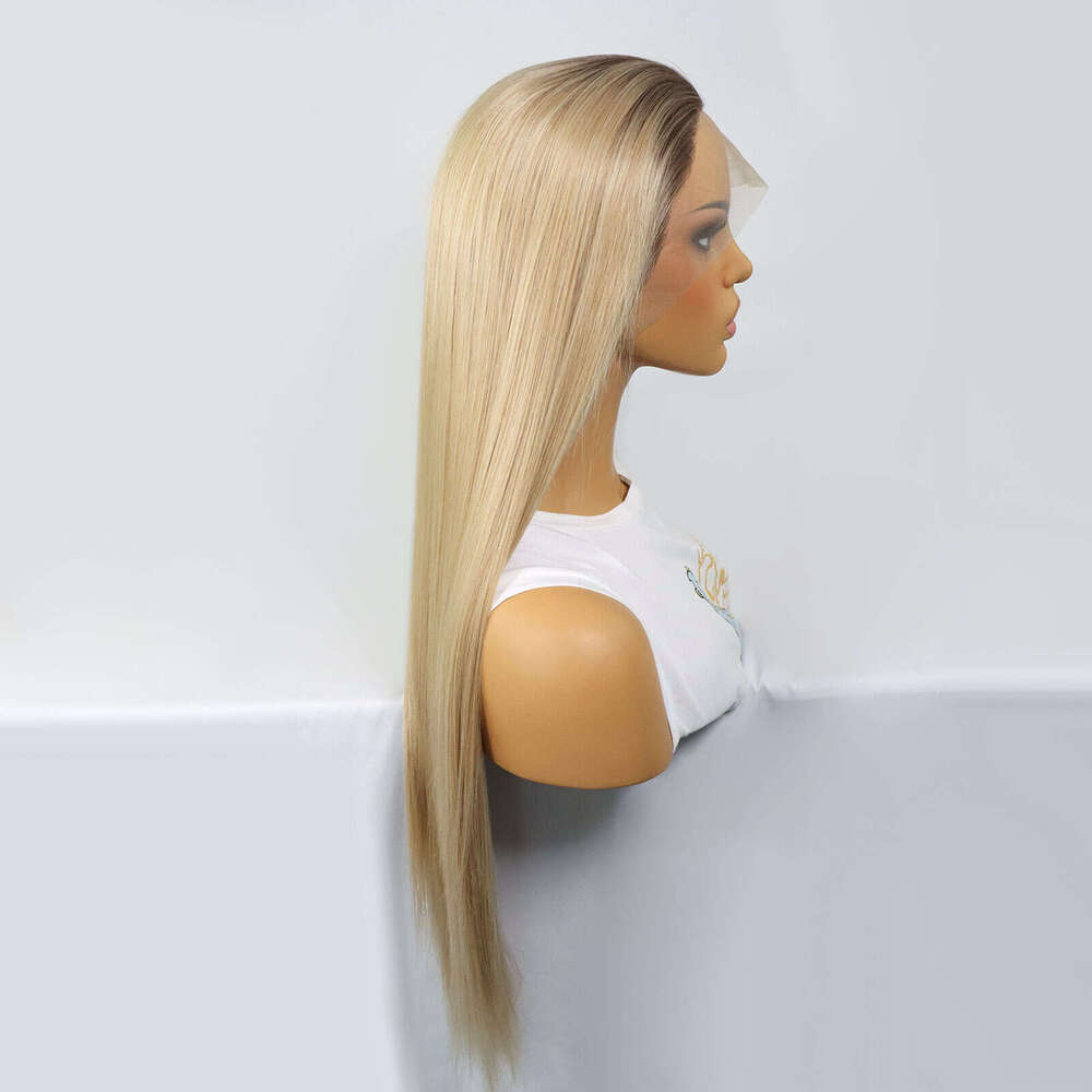 Ombre Honey Blonde Synthetic Lace Front Wigs Silky Straight Dark Roots Colored Heat Resistant Glueless 613 Wig For Women