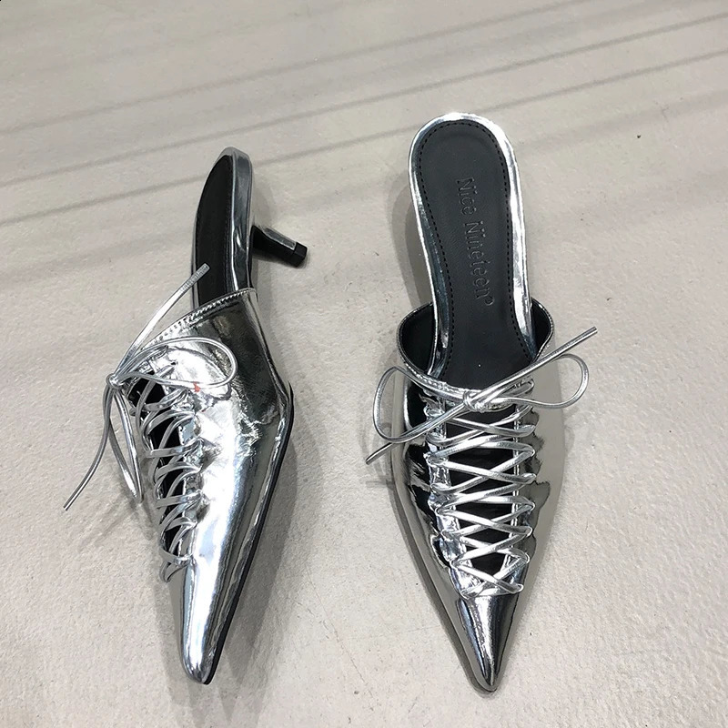 Pumps 2024 Elegant Woman Med High Heels Shoes Summer Fashion Lace Up Female Slides Pointed Toe Ladies Shoes Heels Mules 240914