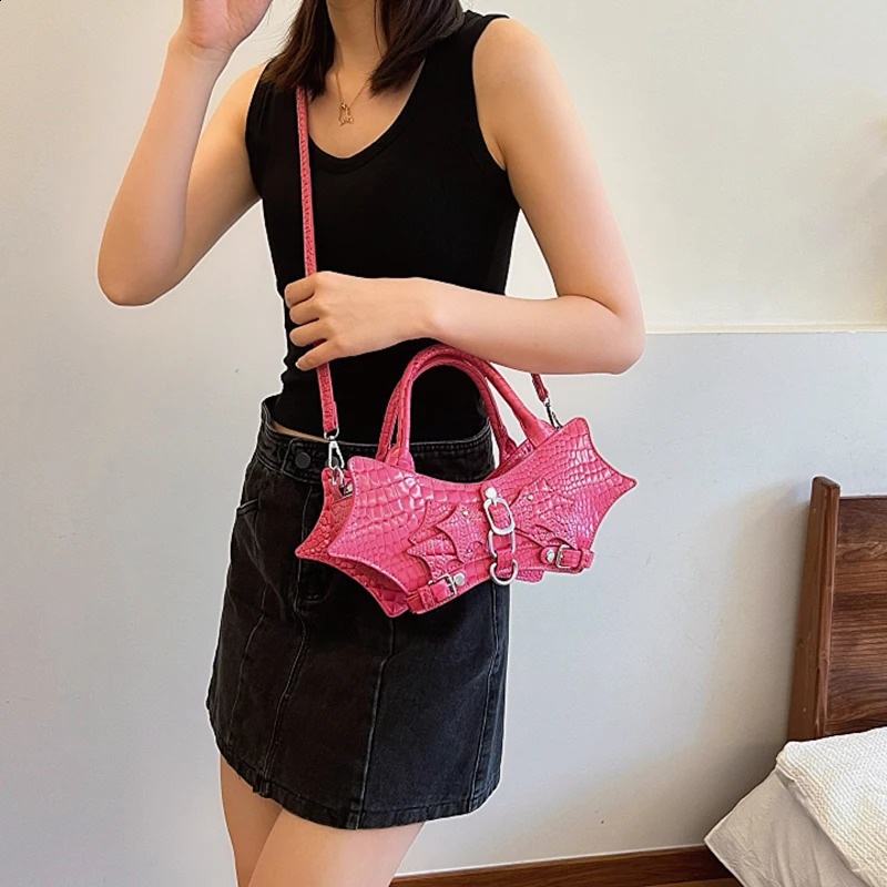 Womens bag creative bat handbag leather two handed bag womens bag fashionable cross shaped bag cute animal shaped shoulder bag 240912