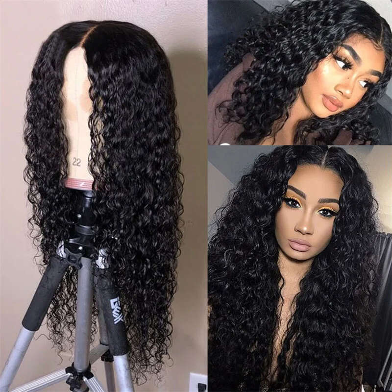 13X4 Transparent Lace Front Synthetic Wig For Women Natural Black Color Jerry Curly Prepluck Bleached Knots Cosplay Daily