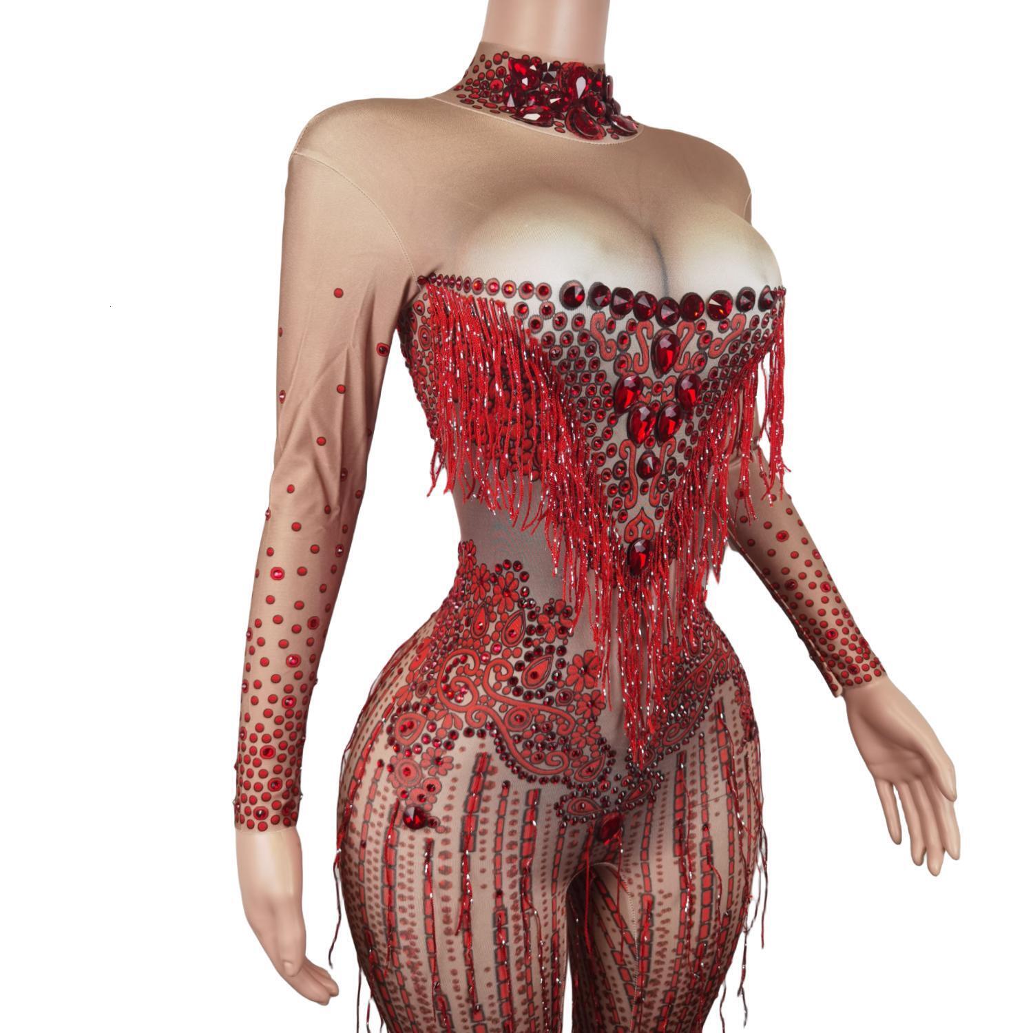 Sexy Red Spandex Bodysuit Rhinest Size Long Sleeve Jumpsuits Tassels Performance Costumes Party Evening Bodycon Romper
