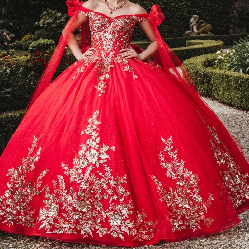 Red Shiny Princess Quinceanera Dresses Sequins Gold Lace Appliques Tull Sweet 16 Dress Party Birthday Ball Gown Vestidos 15 De Anos