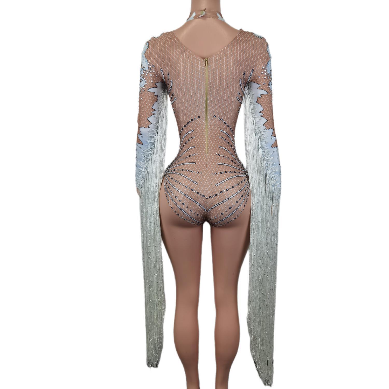 New Designer Print Rhie Tassel Rompers Ladies Short Jumpsuit Slim Fit Show Dance Leotard Women Stage Performance Bodysuits