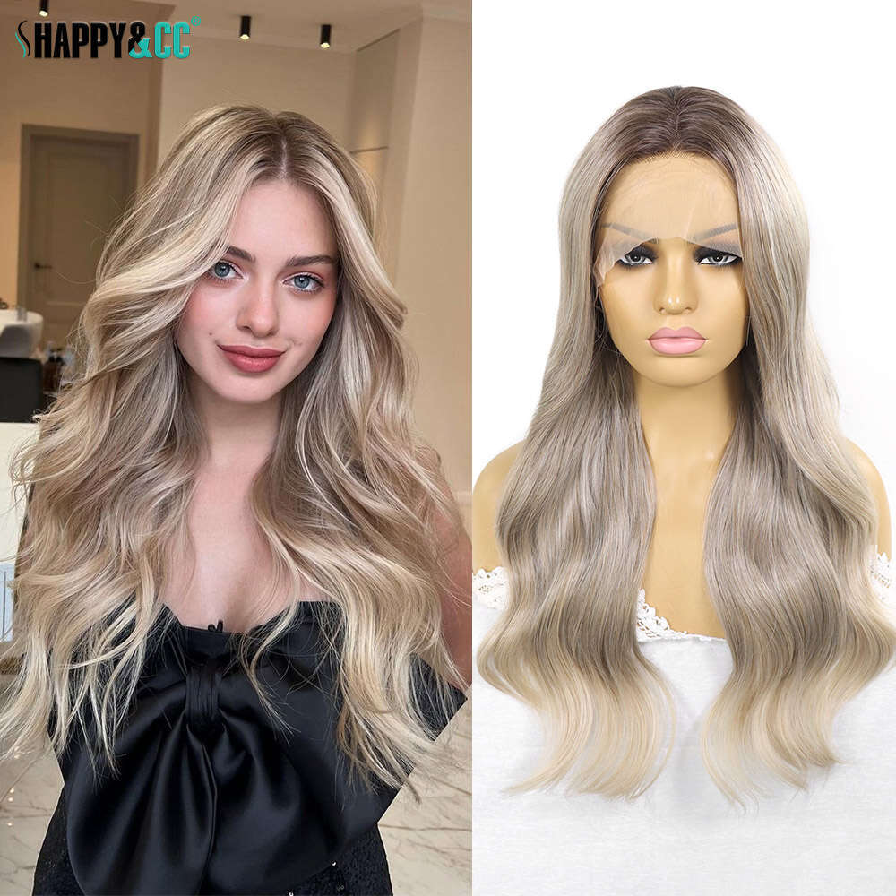 Ash Blonde Synthetic Front Wigs For Women Body Wave Colored Lace Heat Resistant Dark Roots Cosplay 13X3 Glueless Wig