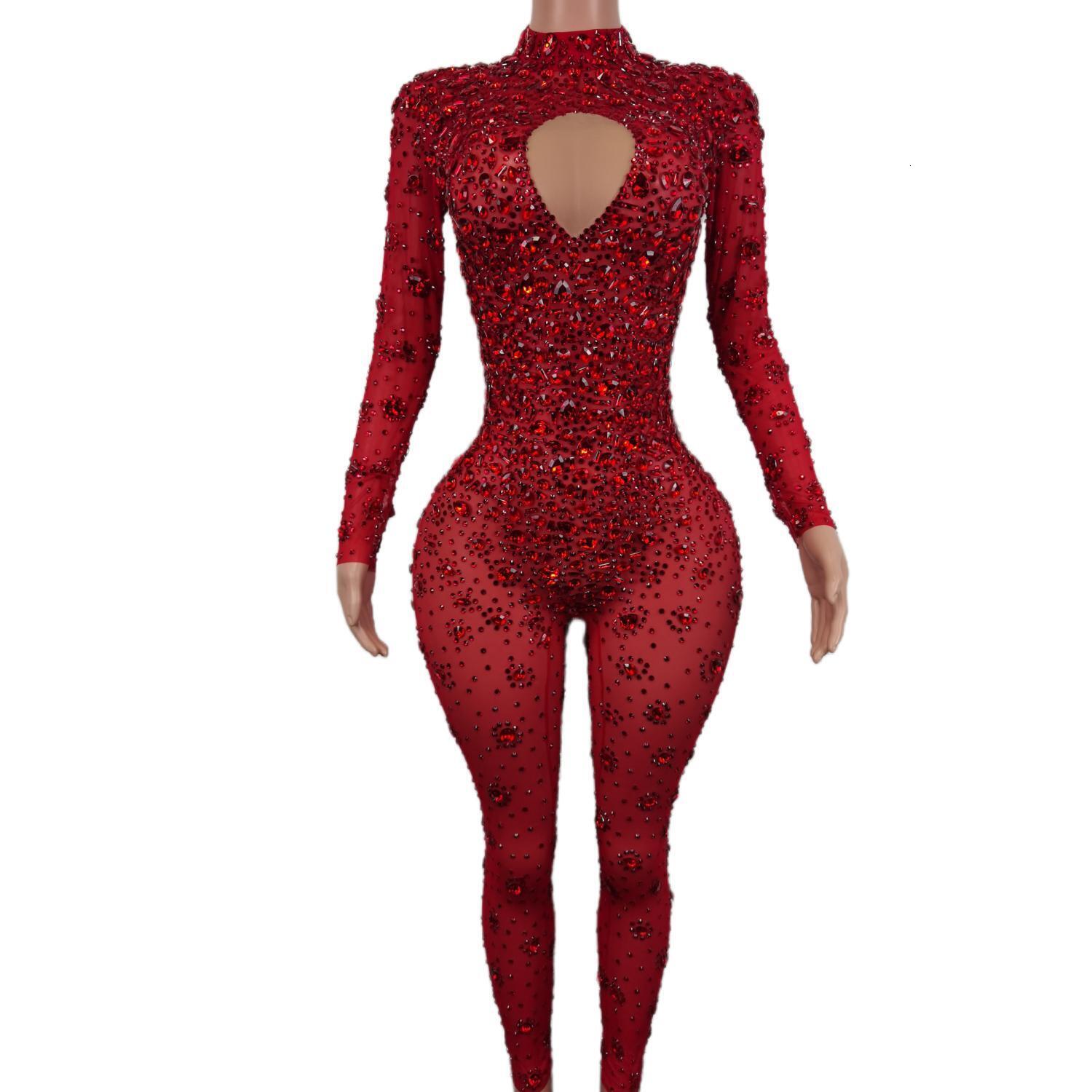 Sexy High-End Gorgeous Perspective Rhie Jumpsuit Long-Sleeved Tights Nightclub Singer DJ Stage Performance Clothes Cuican