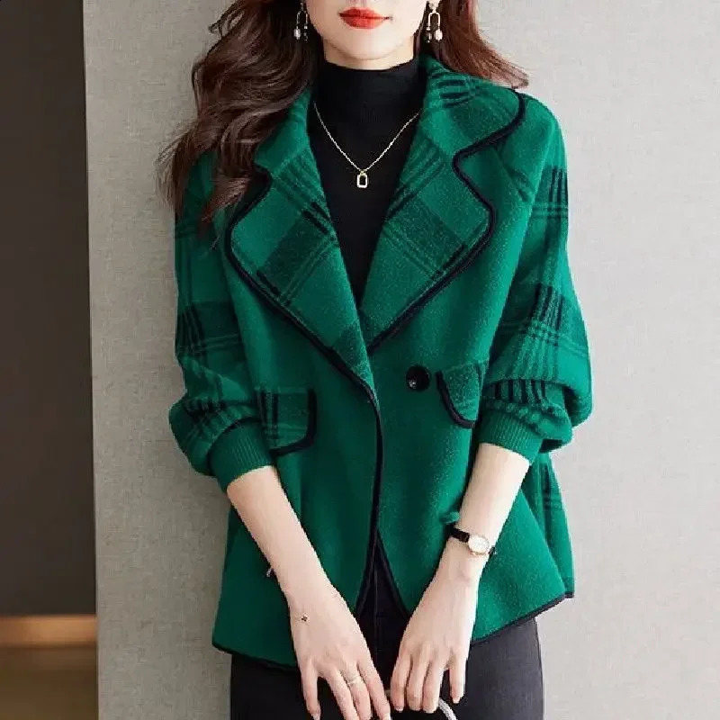 Colorblock Plaid Crop Clothes Coats for Women Loose Wool Blend Blazer Woman Check Short Tweed Outerwears Green Jacket Spring 240911
