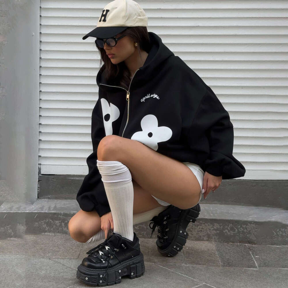 Flower print jacket autumn women's streetwear fashion trend brand loose and versatile sports hoodie for women