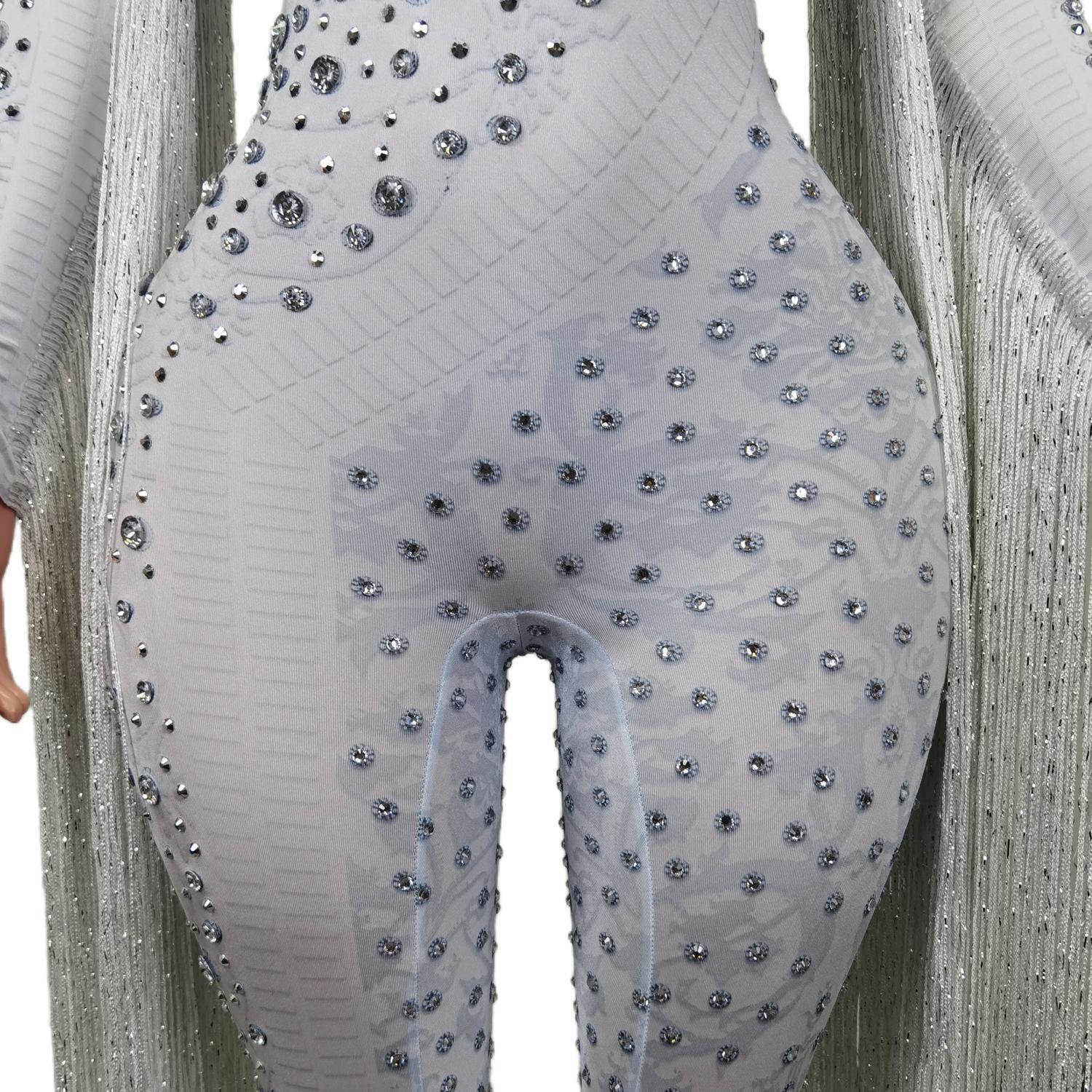 Sparkle Rhie Women White Bodysuit Long Sleeve Tassel Rompers Performance Costumes Lady One Piece Dia Sequin Jumpsuit