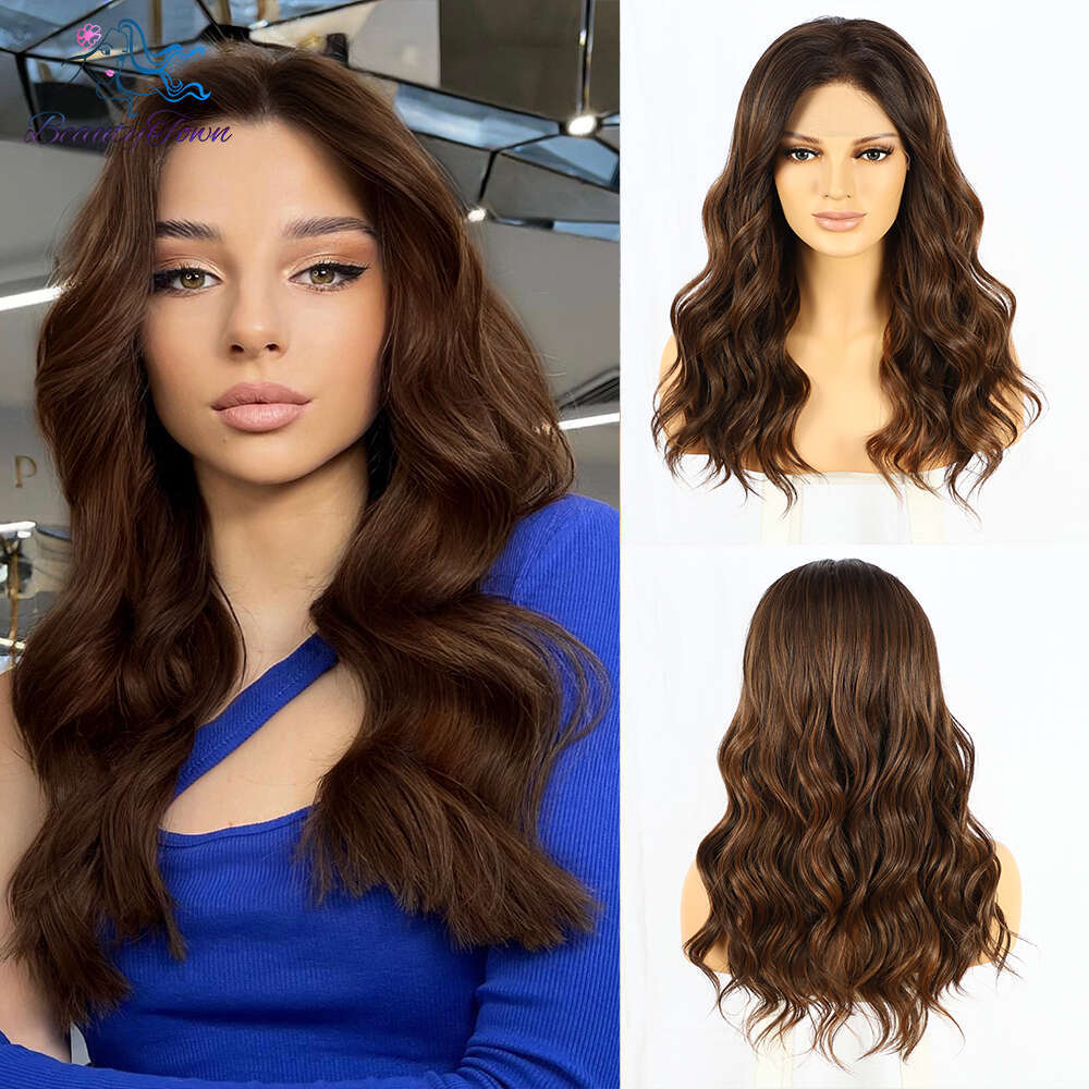 Blonde 13X3 Synthetic Lace Front Short Wavy Ombre Brown Highlight Color For Black Women Daily Use Cosplay Wig