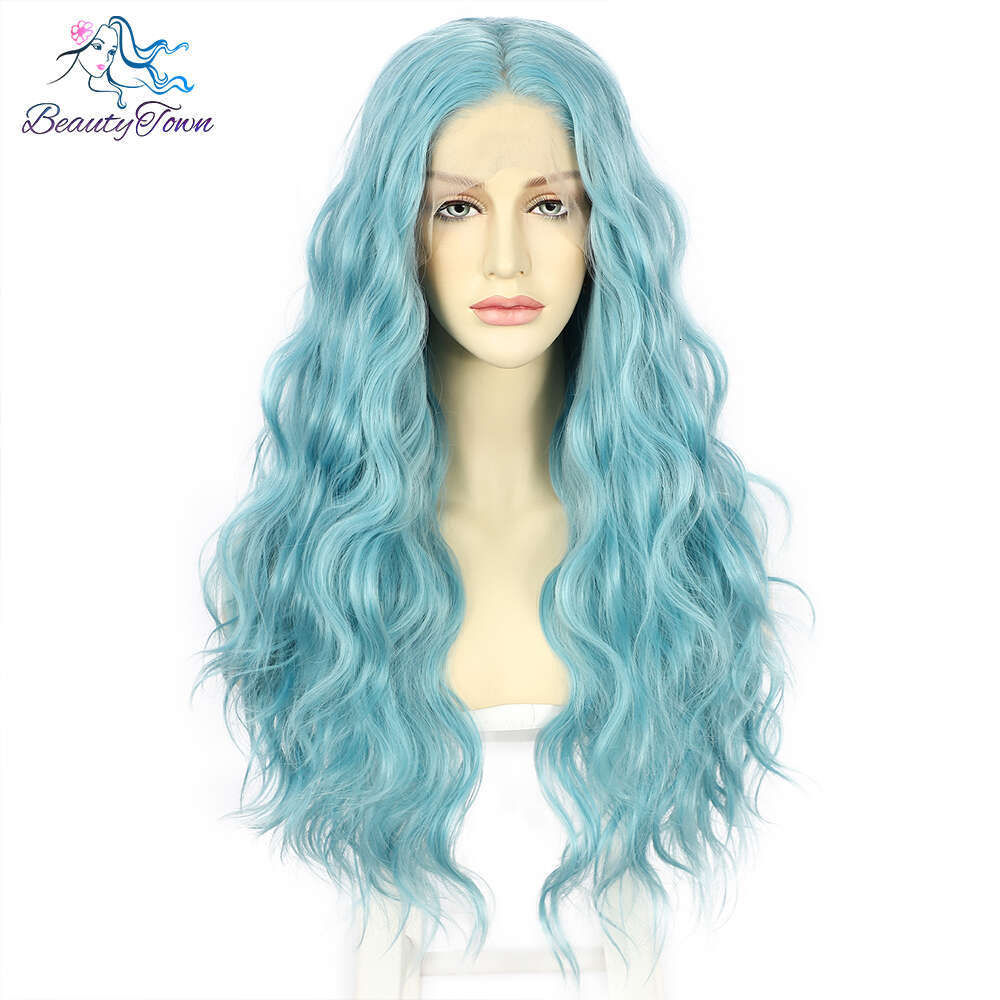 Green Colored Snythetic Front Wigs Long Body Wave HD Transparent Lace Frontal Cosplay Daily Use Wig Blue Blonde Color