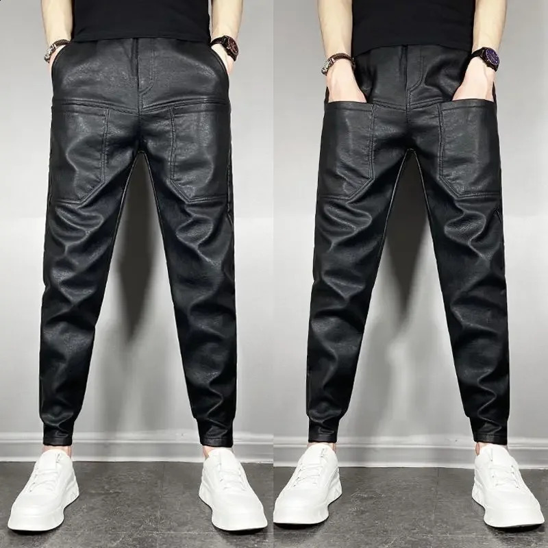 Autumn/Winter Elastic Warmslims Weight Loss Pu Leather Pants Mens Casual Scene Multi Pocket Harem Pants 240913