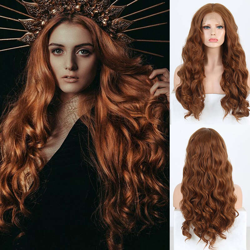 AIMEYA Brown Long Body Wave Middle Part Synthetic Front Wig For Women Half Hand Tied Hair Natural Lace Wigs Blonde
