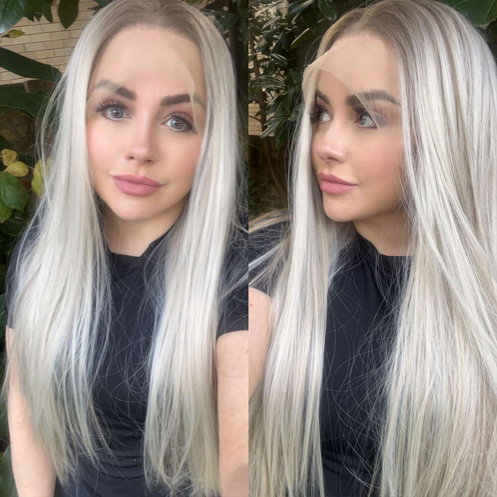 Heat Safe Synthetic Fiber Ash Roots Straight Front Platinum Grey Highlights Wig HD Lace Perfect Quality For Daily Use