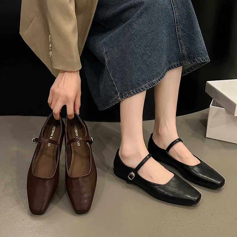 Mary Jane single shoe thick heel shoes elegant classic retro square toe comfortable soft shallow cut low heel womens shoes 240914