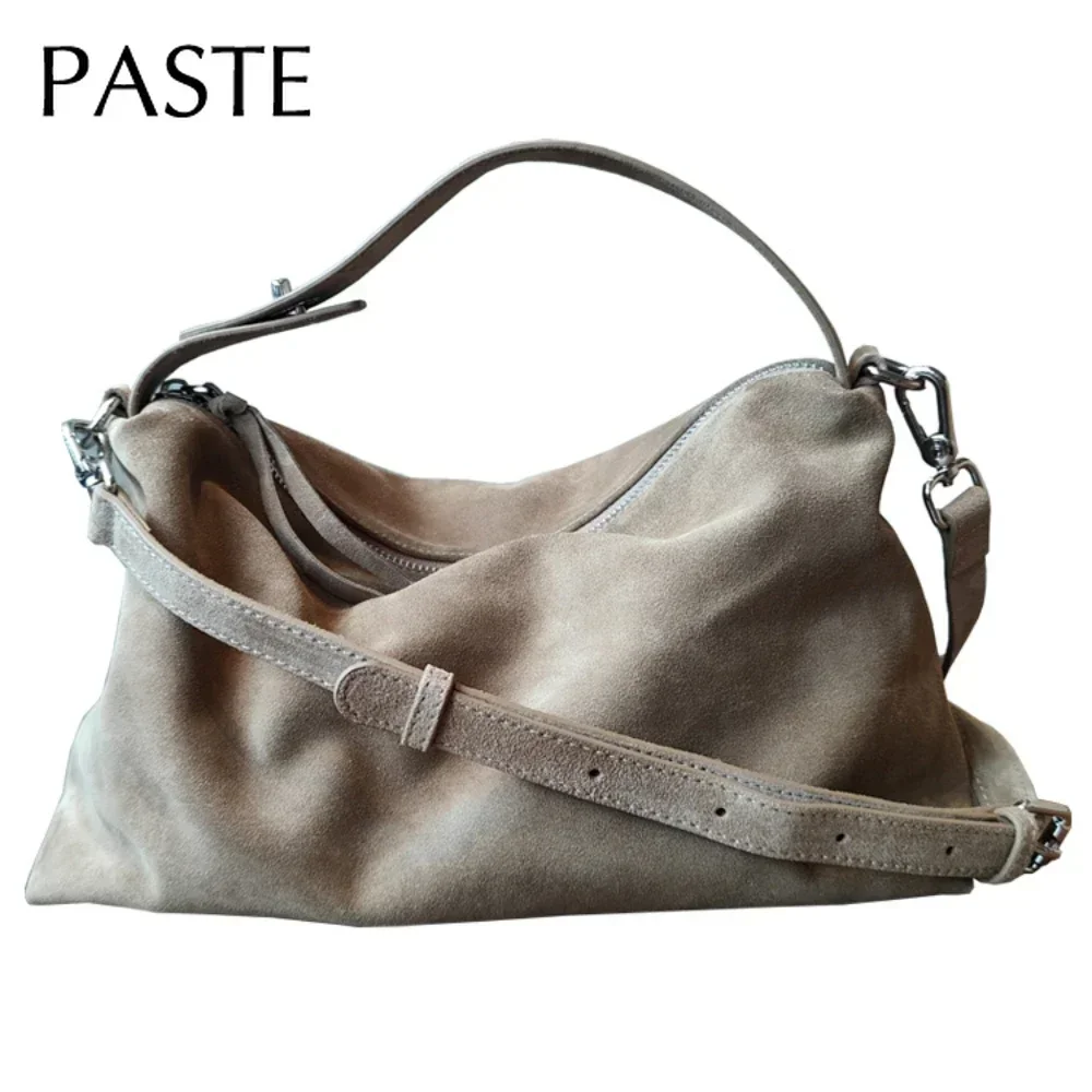 Simple Autumn Winter Colletion Grey Brown Roomy Big Boston Tote Soft Matte Suede Cow Leather Women's Handbag Shoulder Bag
