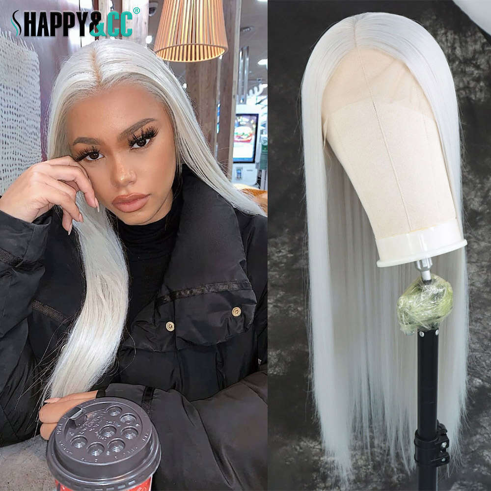 Grey White Front Silky Straight Cosplay Wig For Women 13X3 Heat Resistant Blonde Blue Pink Colored Synthetic Lace Wigs