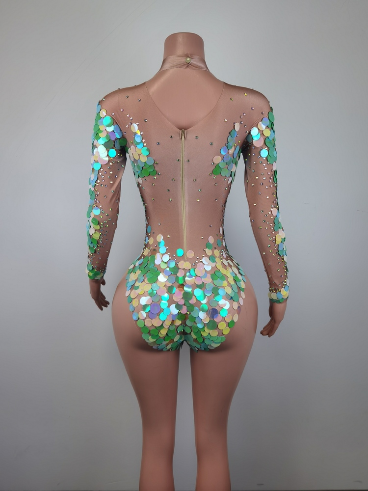 Multicolor Sequin Latest Jumpsuit For Ladies Jazz Dance Show Clothing Party Sexy Rompers Women Mesh Rhie Bodycon Jumpsuits