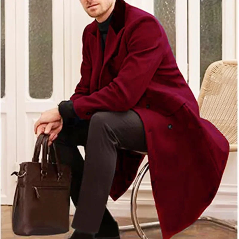 Highend Mens Fashion Solid Color Mediumlength Woolen Trench European Casual Overcoat 240905