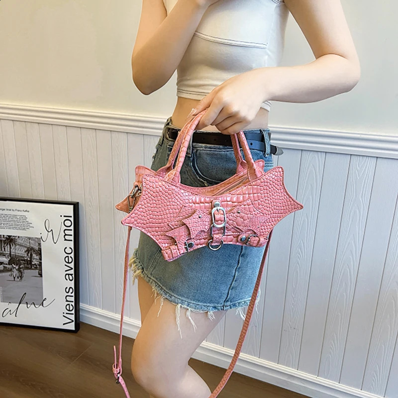 Womens bag creative bat handbag leather two handed bag womens bag fashionable cross shaped bag cute animal shaped shoulder bag 240912
