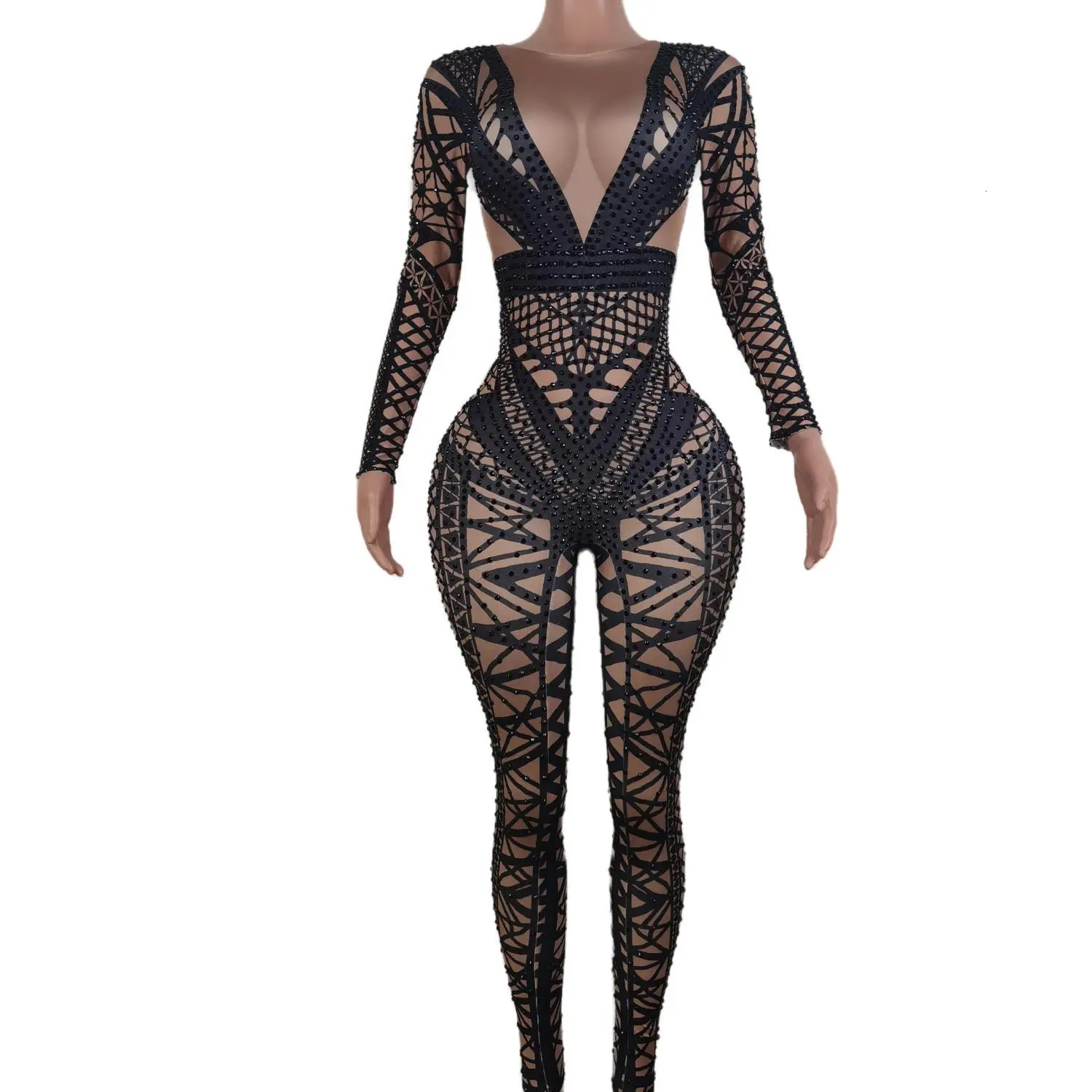 New Fashion Black Dia Glitter Bodysuit Lady Dancer Singer Stage Performance Costumes Sexy Bodycon Birthday Party Prom Outfit