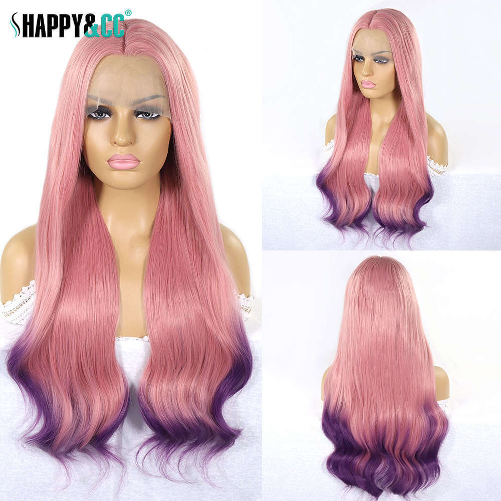 Ombre Pink Purple Front Wigs Natural Wave Cosplay Colored Pre Plucked Transpart Lace Synthetic Wig For Women Party