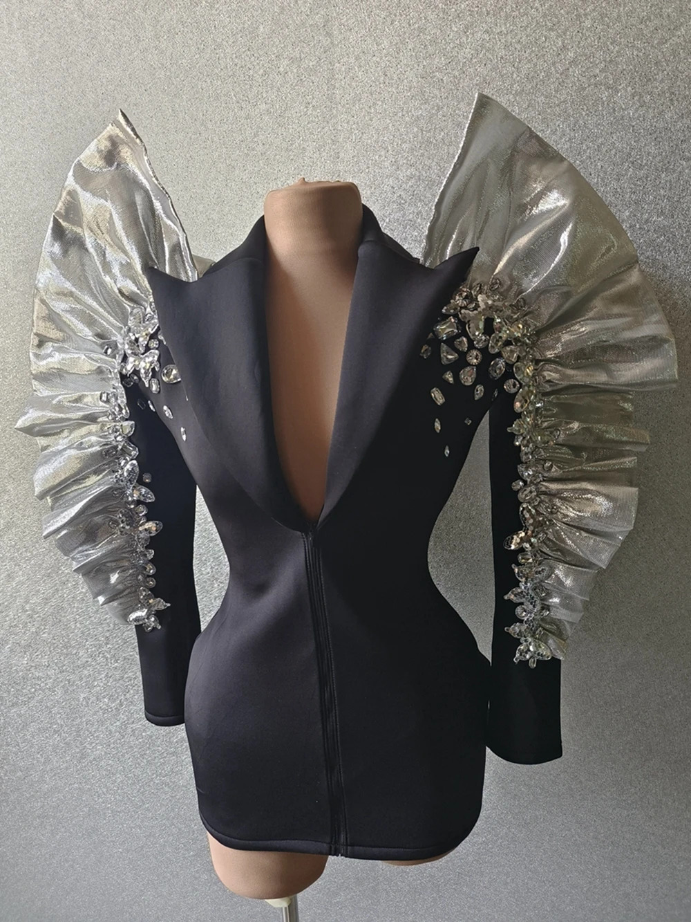 Sexy Singer Black Jacket Sparkly Sequins Rhies Big Sleeves Dancer Nightclub Jazz Dance Costume Performance Show Stage Wear