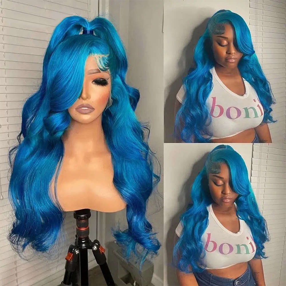 Blue Synthetic Lace Front Wigs Body Colored Long Natural Wave Party Cosplay Glueless Heat Resistant Wig For Women