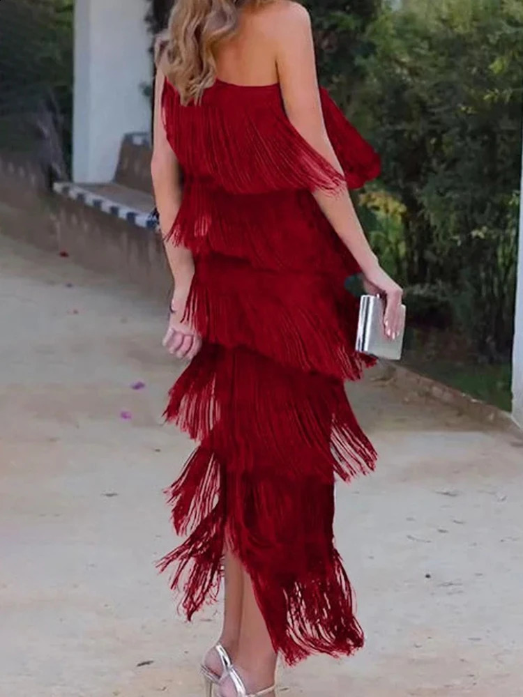 Aoaiys Womens Printed Dress with Diagonal Shoulders Unique Tassel Beach Style Sexy Asymmetric Elegant Fashion 240913