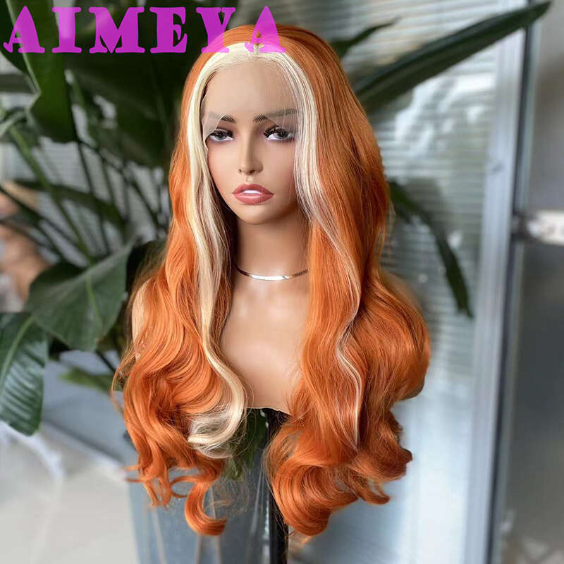 AIMEYA Orange With Blonde Highlights Front Wigs For Women Heat Resistant Hair Long Wave Synthetic Lace Wig