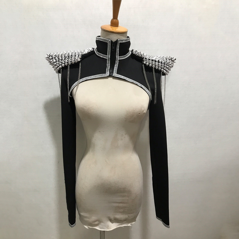 Women Cutout Jazz Pads Nail Flying Shoulder Vest Rave Outfit Nightclub Dj Ds Stage Performance Accessories Xs7617