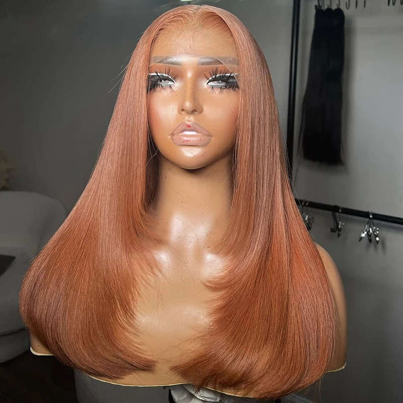 Ginger Brown Long Wavy Synthetic Front Wig Layered Glueless Frontal Orange Auburn Hair Lace Natural Wigs For Women