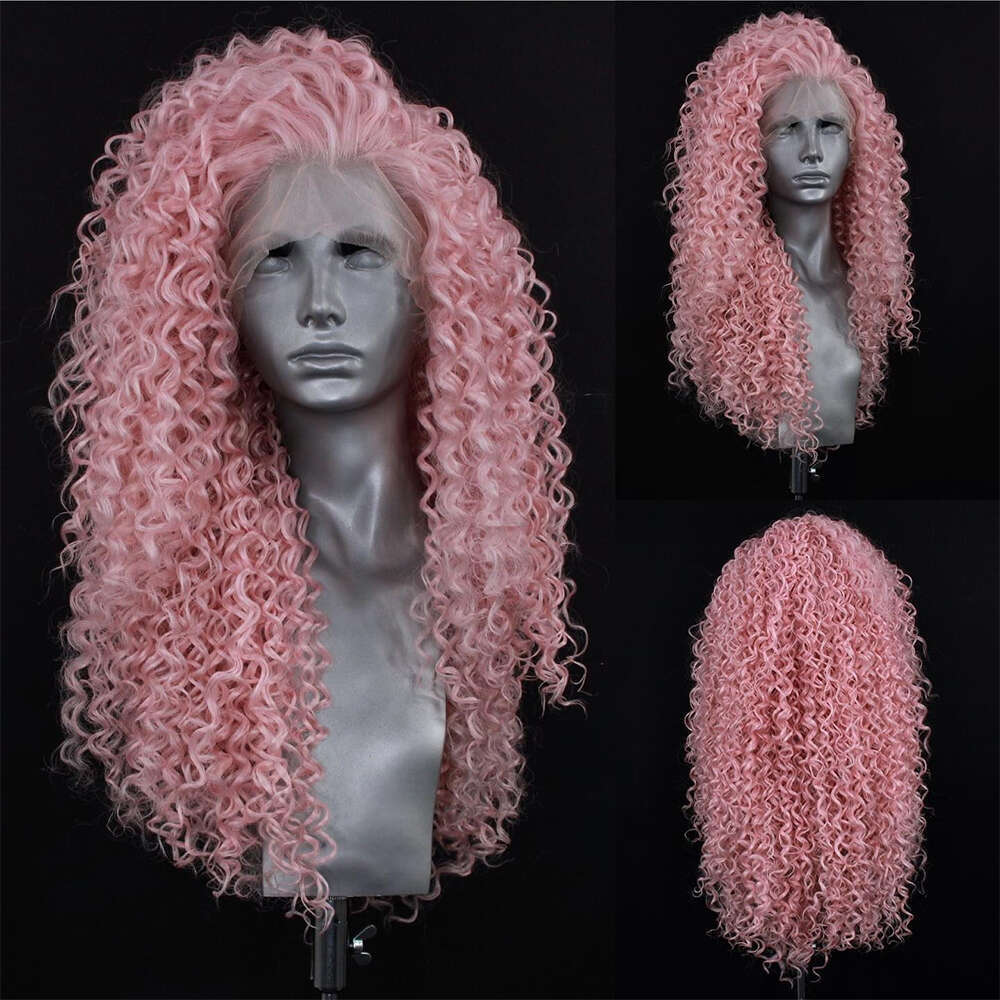 High Quality Synthetic Fibre Pastel Pink Blend Human Hair Heat Resistant Curly Texture Lace Front Wig Side Part Thick Curls