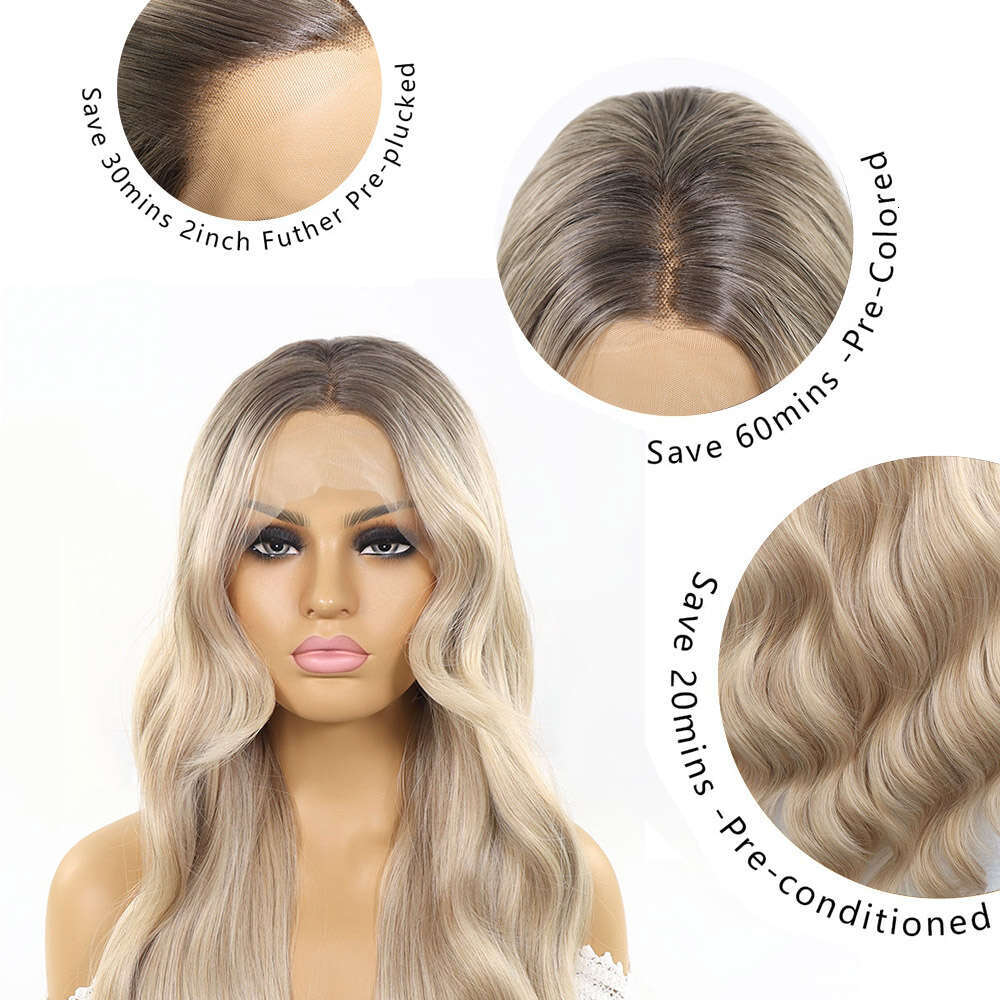 Ash Blonde Synthetic Lace Front Wigs Body Wave Highlight Colored For Women Dark Roots Ombre 613 Cosplay Glueless Wig