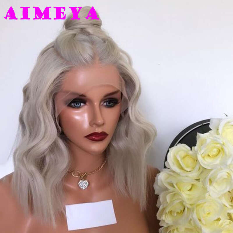 AIMEYA Grayish Blonde Bob Heat Resistant Fiber Body Wave Synthetic Lace Front Side Part Short Wigs Cosplay Wig