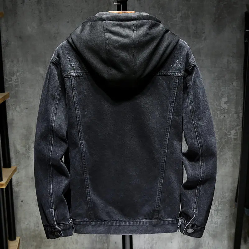 Black denim jacket mens spring 2023 hooded detachable loose fitting versatile casual top winter men 240905