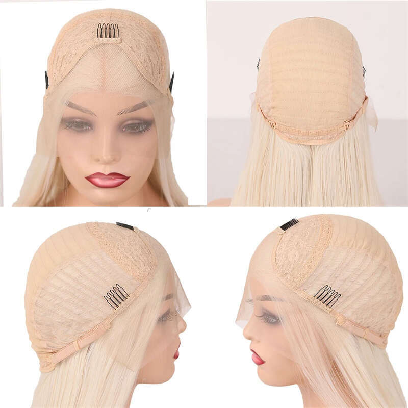 Fashion Ombre Ash Blonde Bob Lace Short Straight Middle Part Front Wig Heat Resistant Synthetic Hair Daily