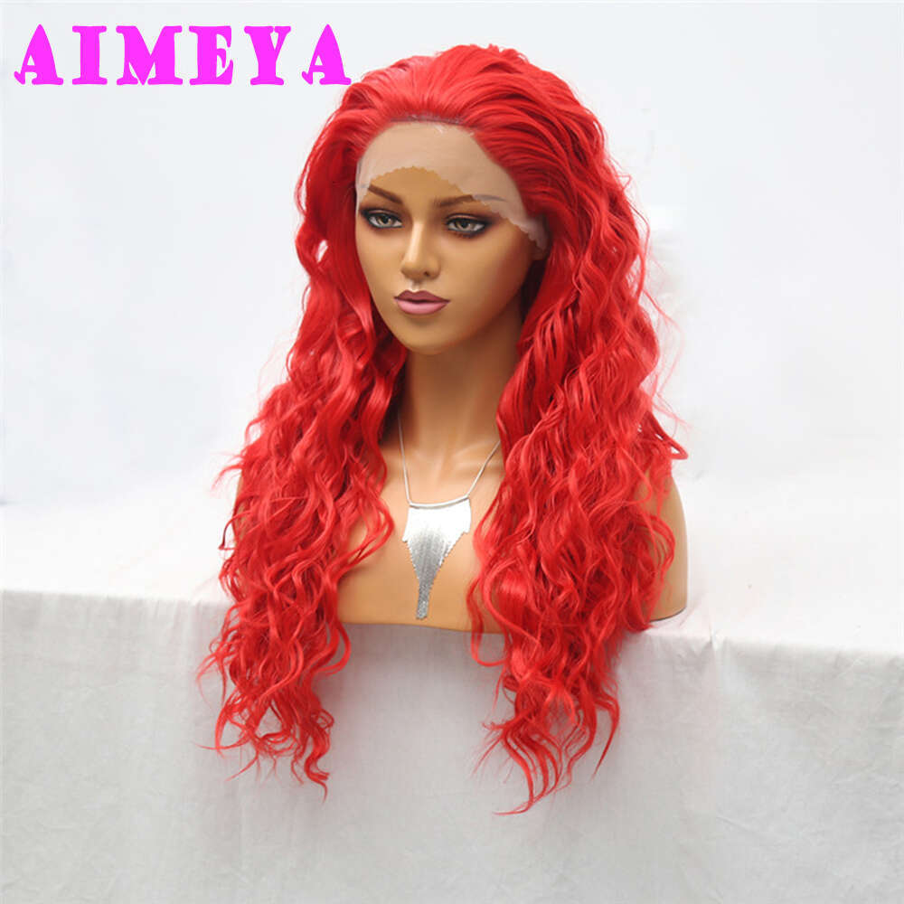 AIMEYA Hot Red Loose Curly Long Synthetic Lace Front Wigs Natural Wave Hair Daily Use Cosplay Wig Heat Resistant Fiber