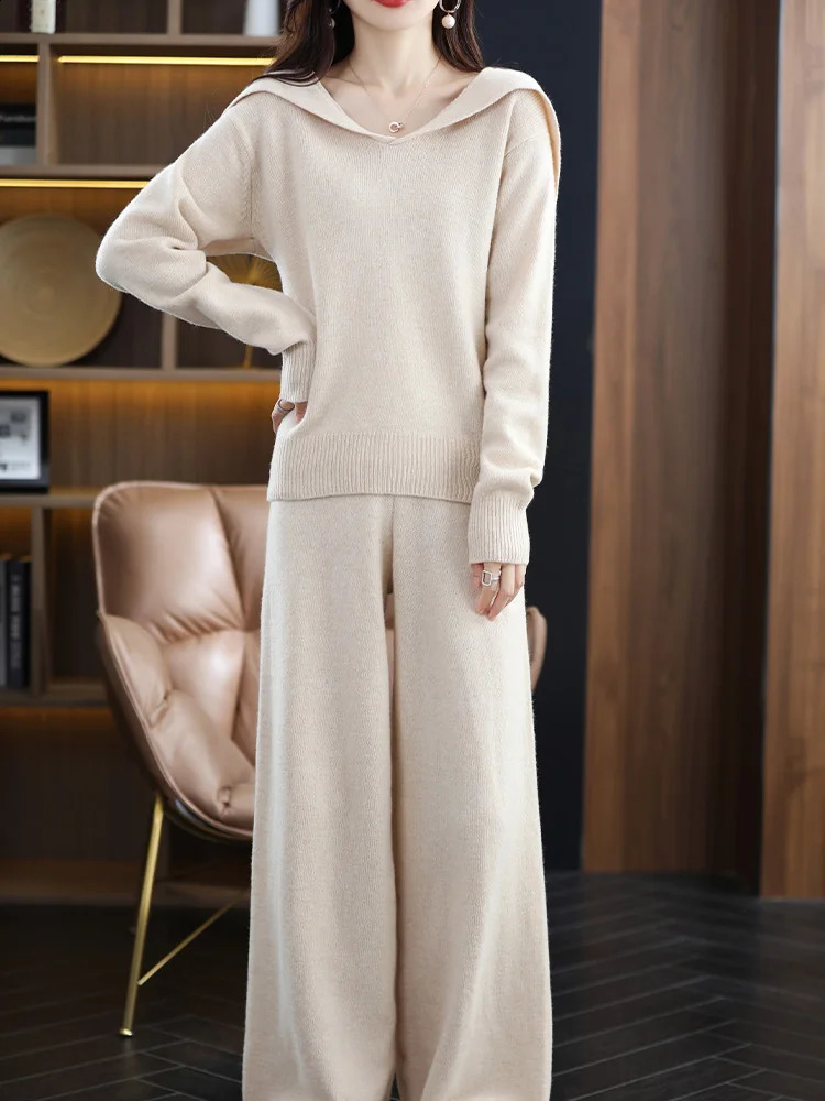 100% Pure Wool Cashmere Two-piece Womens Large Lapel Pullover Sweater Autumn and Winter Fashion Wide-leg Pants Suit 240905