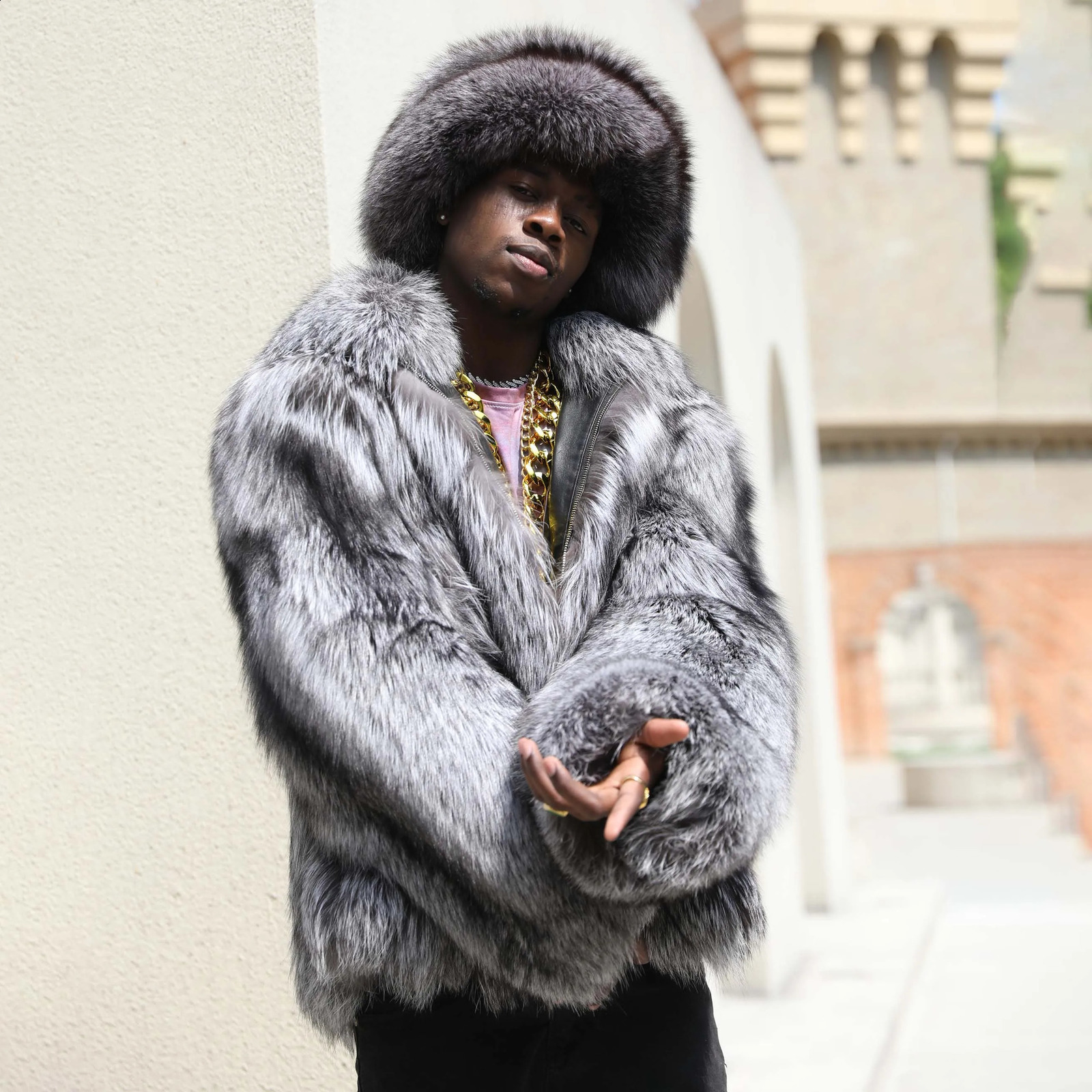 Men Winter Coat Orignal Thick Real Silver Fox Fur Over Coat Real Fox Fur Jacket 240905