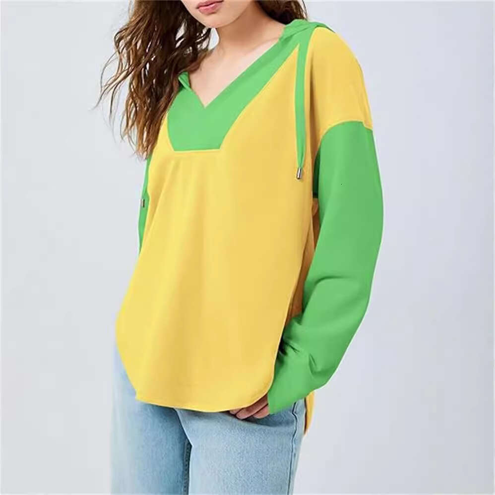 Short sleeved women's color blocked hooded casual V-neck loose sports shirt pullover top