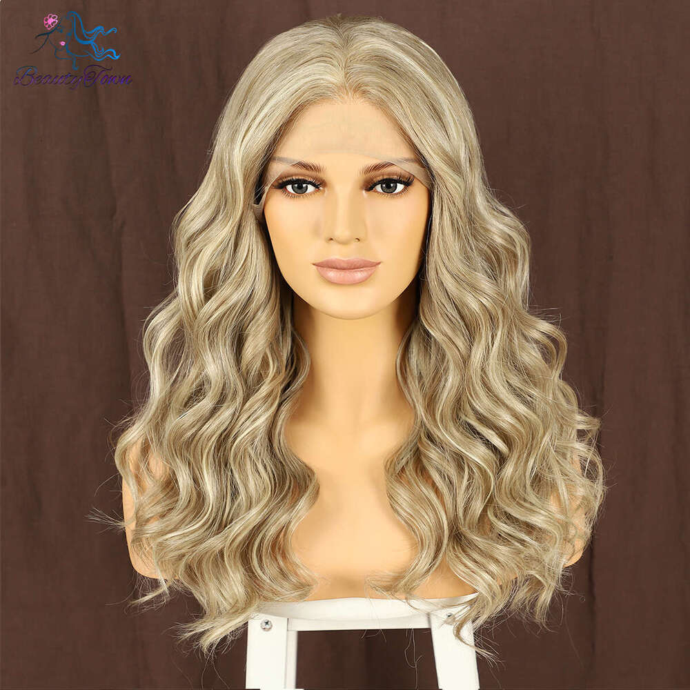 Honey Blonde Ombre Colored Synthetic Front Highlight HD Transparent Lace Frontal Wavy Body Wave Full Cosplay Wig