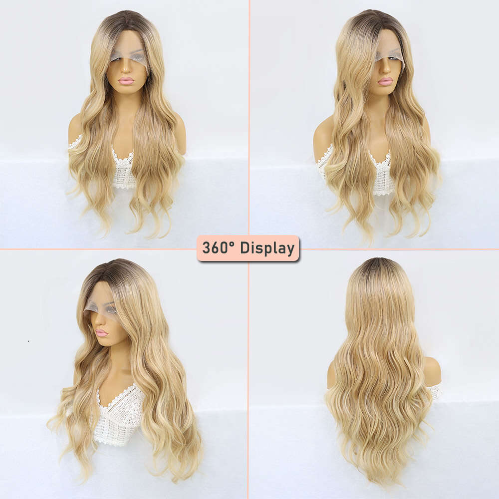 Ash Synthetic Lace Front Wig Long Highlight Natural Wave For Women Dark Roots Blonde Straight Heat Resistant Cosplay Wigs