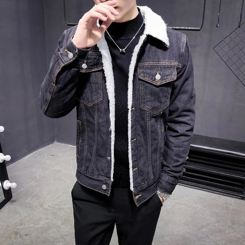 Winters Mens Fashion Fleece Thick Pure Color Casual Denim Jacket Male Cotton Slim Vintage Jackets Men Coats 240905Z