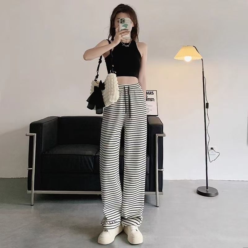 White striped wide-leg pants women's summer 2024 new high waist drape loose straight narrow version sports casual pants.