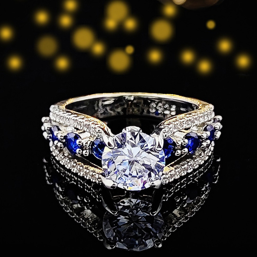 Designer Jewellery High Quality Silver Plated Zircon Inlaid Hollow Out Sapphire Crystal Ring Brass Wedding Accessories for Party Occasion Textured Ele