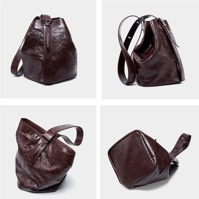Hifashion Genuine Leather Bucket Crossbody Bags For Women Trend er Underarm Shoulder Bags Pleated Ladies Handbags 240909